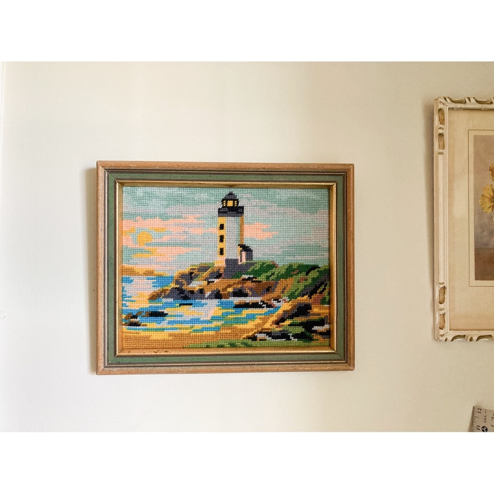 Vintage Framed Lighthouse Needlepoint 1976 Coastal Beach Cottage Wall Decor - Picture 3 of 11